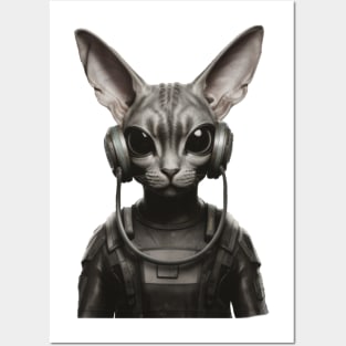 Otherworldly Beats: An Alien Feline Lost in Melodic Monochrome Posters and Art